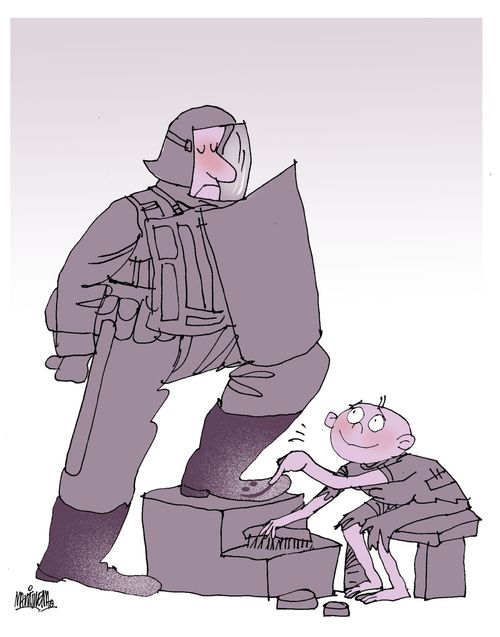 Boot shiner puts a smiley on a policemen's boot.