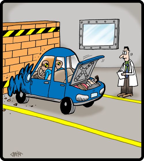 Kidnap victim is in truck of crash test car.