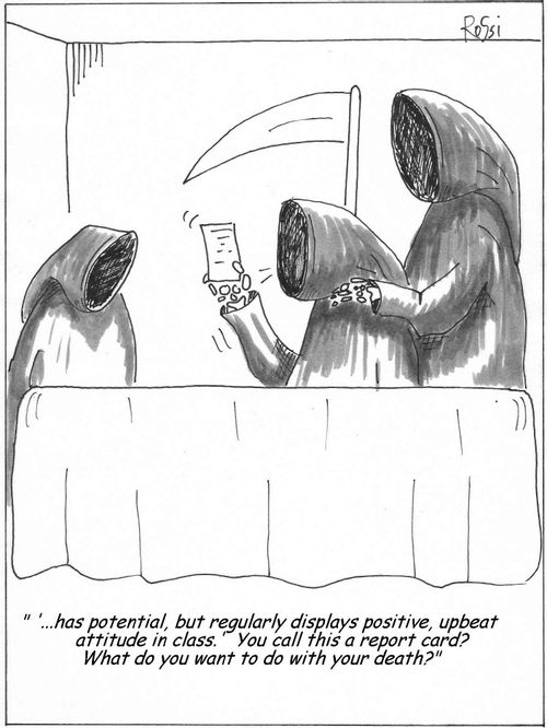 Young Grim Reaper discusses report card with parents.