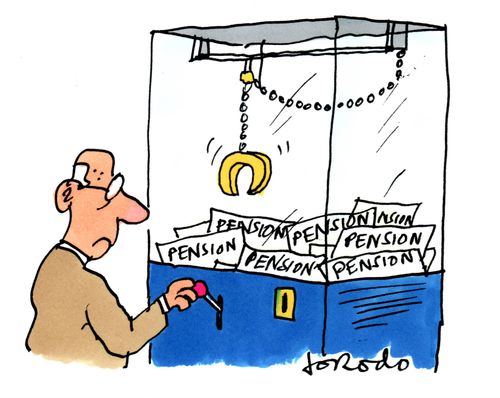 Man trying to grab a pension from a crane slot machine