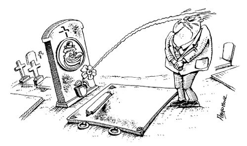 Clowns gravestone squirts water at mourners