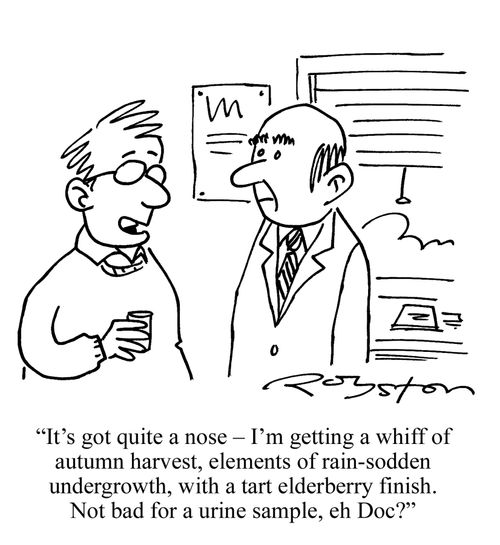 'It's got quite a nose, I'm getting autumn harvest ... a tart elderberry finish. Not bad for a urine sample, eh Doc?'