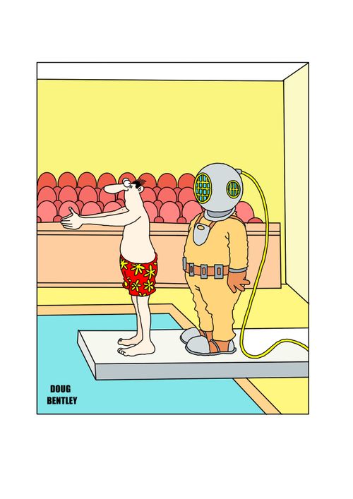 Man on diving board with deep sea diver waiting his turn.