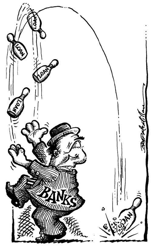 'Banks' man juggling 'Loans' has dropped and broken one