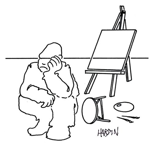 Artist having painted a featureless landscape.