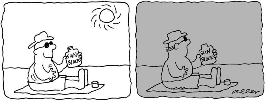 Man rubs on sun block cream, Sun goes out.