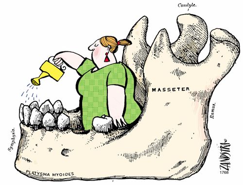 Woman watering teeth in a jawbone.