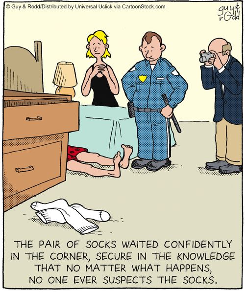 The pair of socks waited confidently in the corner, secure in the knowledge that no matter what happens, no one ever suspects the socks.