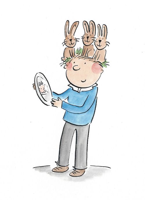 Man with rabbits on his head