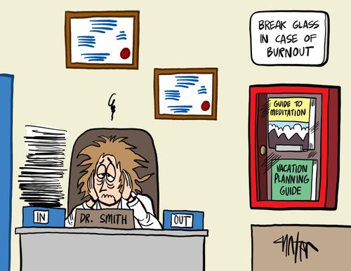 Burned out doctor has a 'break glass in case of burnout' kit in her office.
