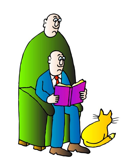 A disembodied head is reading a book over a man's shoulder.
