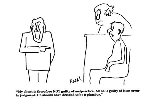'My client is therefore NOT guilty of malpractice. All he is guilty of is an error in judgment. He should have decided to be a plumber."