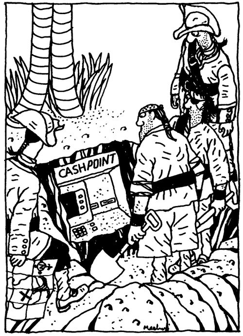 Pirates digging for buried treasure find a buried Cash-point.