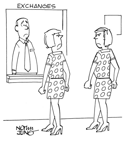 Two women wearing identical dresses head toward exchange window at department store.
