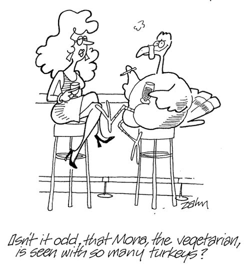 'Isn't it odd that Mona, the vegetarian, is seen with so many turkeys?'