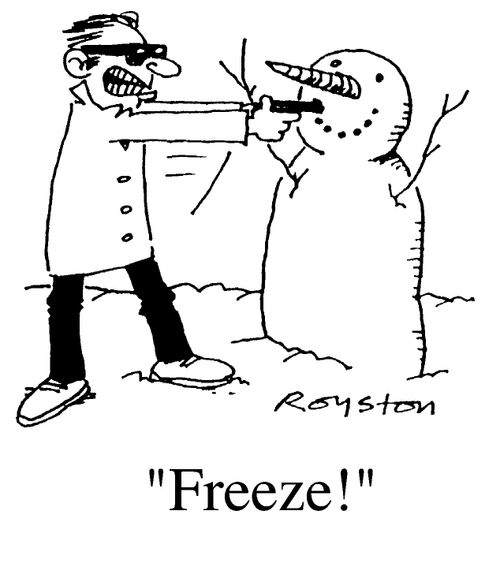 Snowman and robber, "Freeze!"