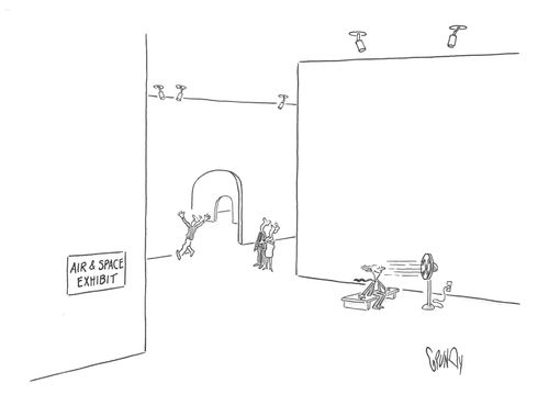 Sign on wall of spacious empty hall of museum: 'Air & Space Exhibit'