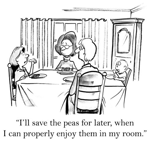 'I'll save the peas for later, when I can properly enjoy them in my room.'