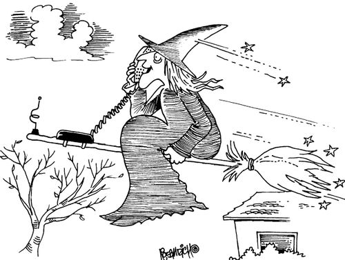 Witch on her broomstick speaks to someone on her phone