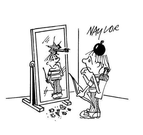 Child with apple on head shooting arrow at his reflection.
