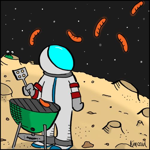 Astronaut grilling on the moon and watching his sausage fly.