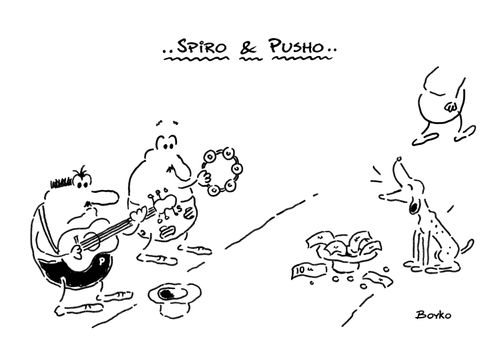 A busking Spiro and Pusho are outdone by a howling dog.