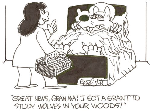 'Great news, Gran'ma! I got a grant to study wolves in your woods!'