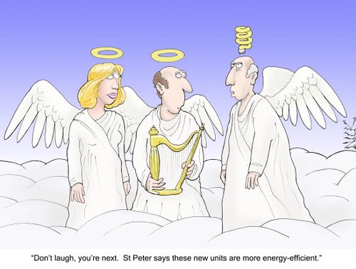 'Don't laugh, you're next. St Peter says these new units are more energy efficient.'