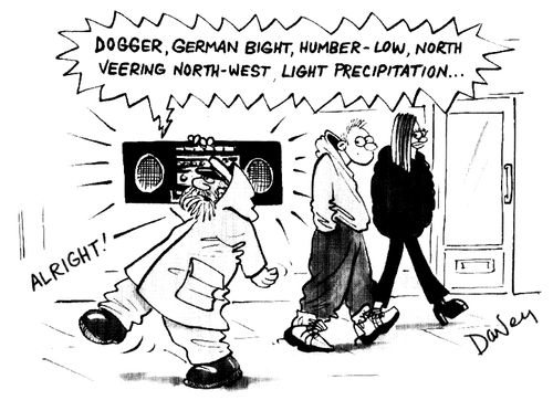 "Dogger,German bight,Humber-low,North veering North-West,Light Precipitation..."