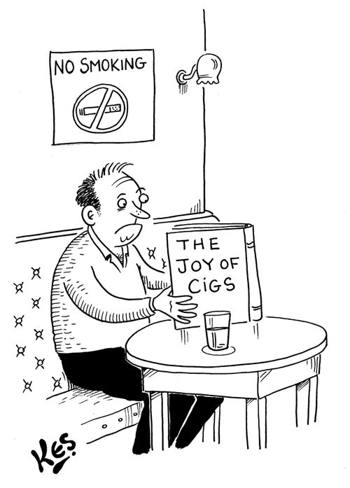 Man in pub reads book: The Joy of Cigs.