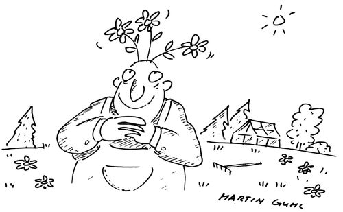Bald man growing flowers on his head
