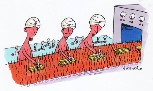 Factory assembly line for fakirs on beds of nails.