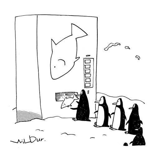penguins using a fish vending machine