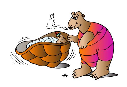 A turtle rocks a baby turtle in her shell.