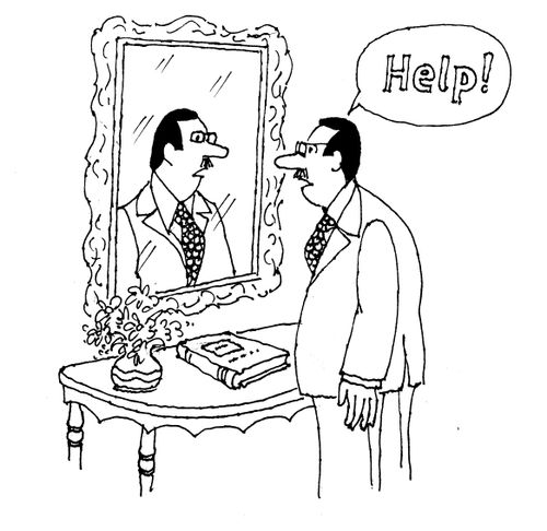 Man looking in mirror and says 'help'.