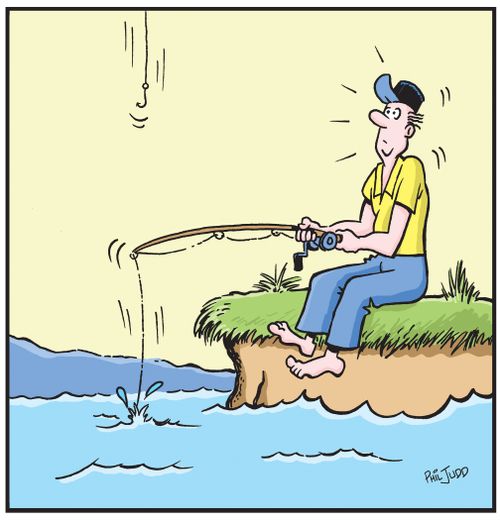 Man with fishing line going into water. Fishing line coming down from sky.