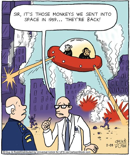 'Sir, it's those monkeys we sent into space in 1959... They're back!'