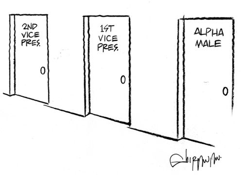 The presidents door has 'Alpha male' written on it.