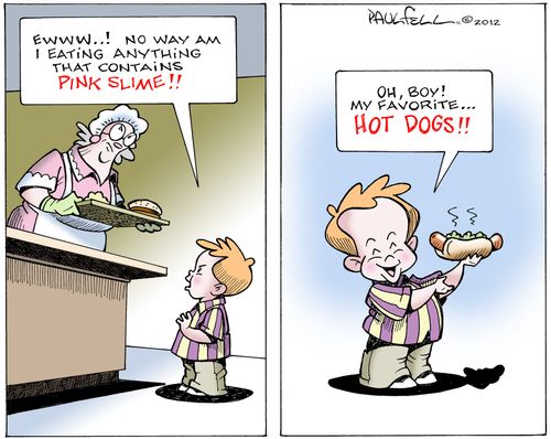 Pink slime hot dogs.