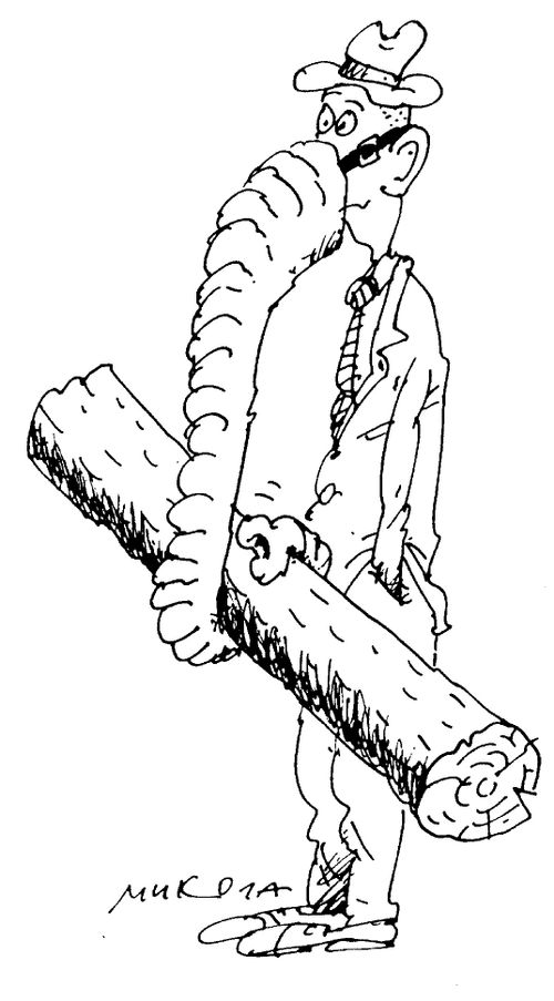 Man with fake trunk to help him lift timber