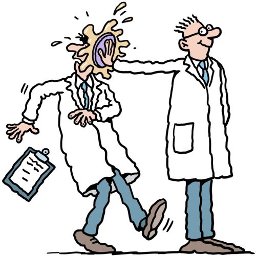A scientist pushing a custard pie in his colleague's face