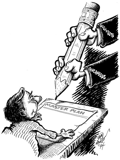 Architects and engineers arms clasping same pencil to write the 'master plan'