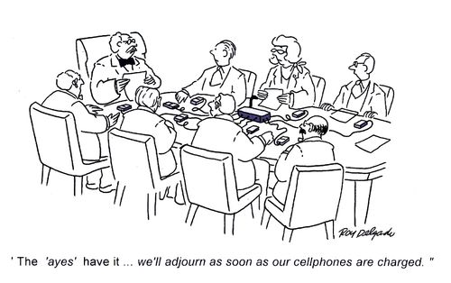'The 'ayes' have it...we'll adjourn as soon as our cellphones are charged.'