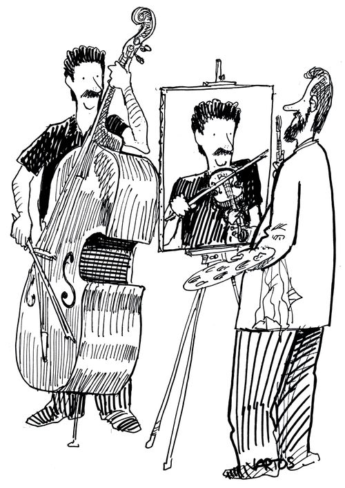 Artist painting a man with a cello as holding a violin.