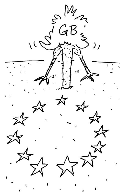 A 'Great Britain' ostrich with its head in the sand near a EU circle of stars