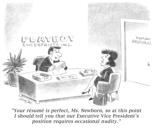 'Your résumé is perfect, Ms. Newborn, so at this point I should tell you that our Executive Vice President's position requires occasional nudity.'