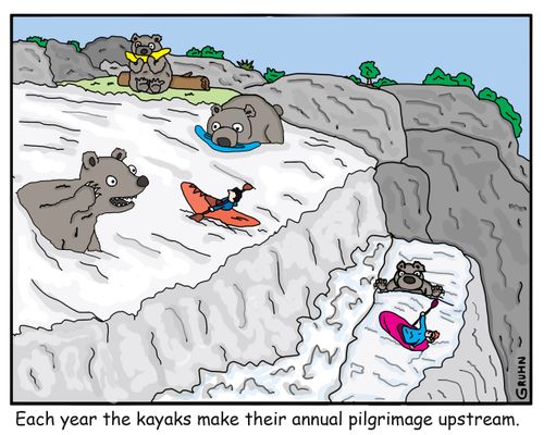 "Each year the Kayaks made their way upstream."