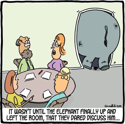 'It wasn't until the elephant finally up and left the room, that they dared discuss him...'