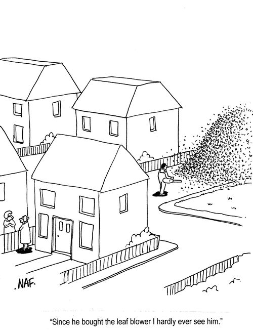 'Since he bought the leaf blower I hardly ever see him.'