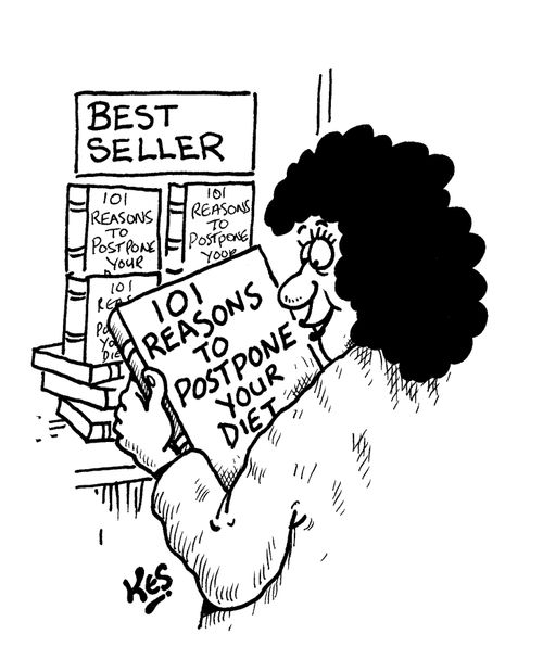 Woman reads book entitled: '101 reasons to postpone your diet.'